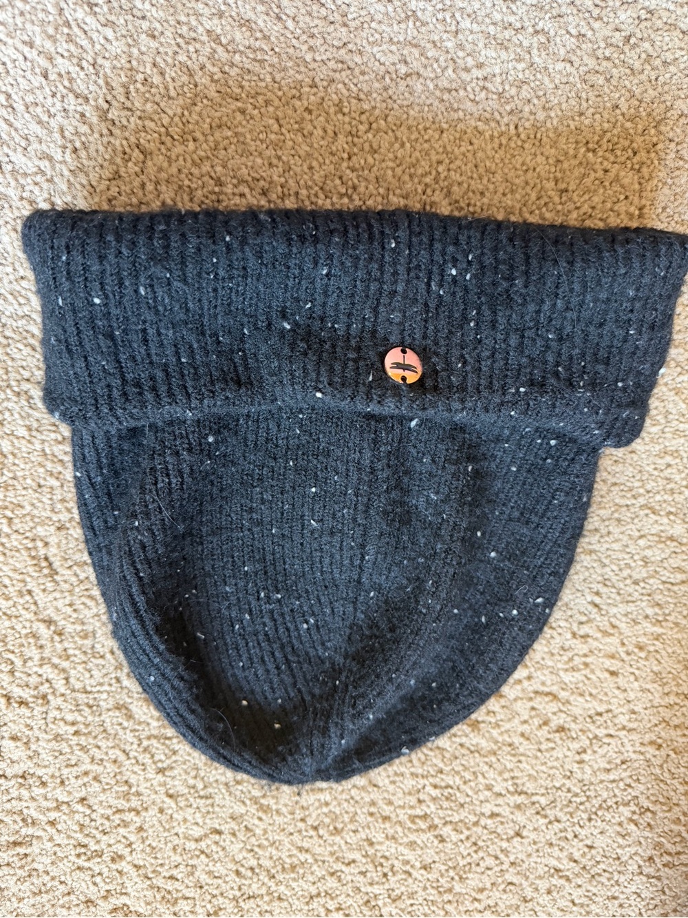 Black Speckled Knit Beanie with Round Button Accent